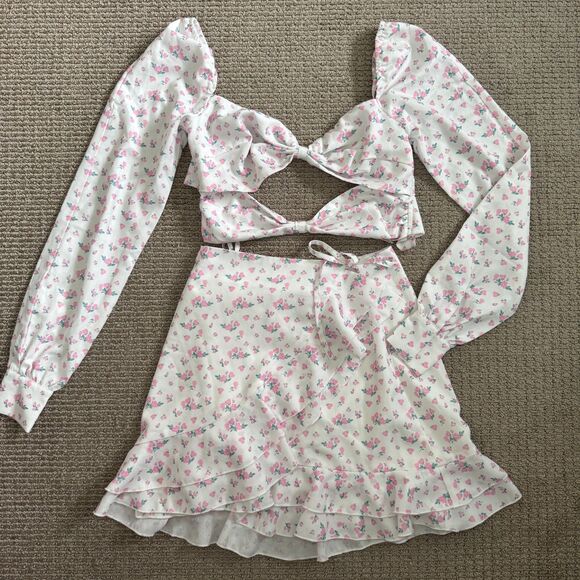 Tiger Mist Dainty Floral Top & Skirt Set S - Pink White - Picture 2 of 6